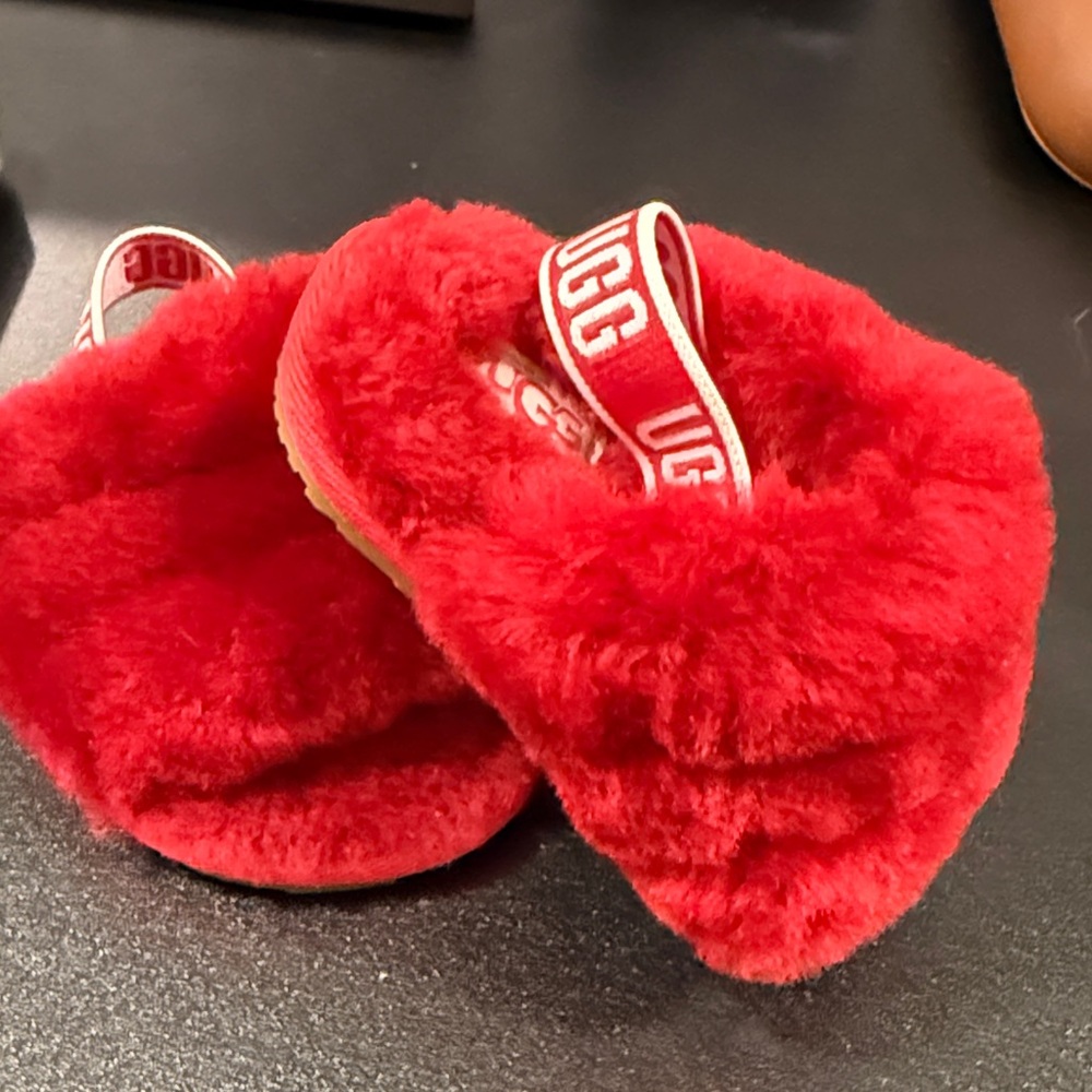UGG Kids Red Fluffy Slippers